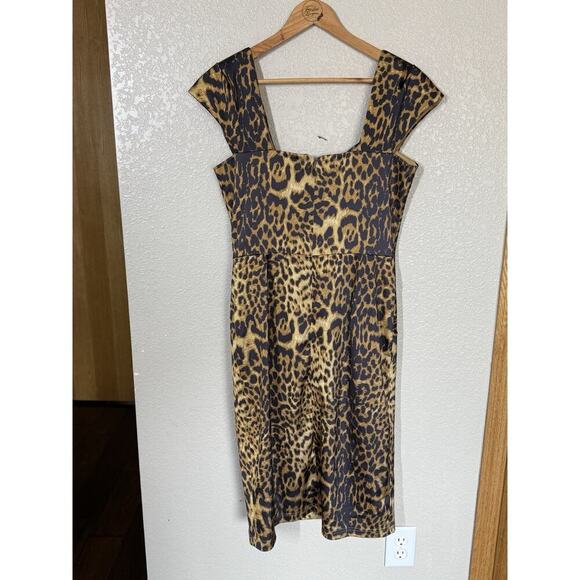 Tadashi Shoji Animal Print Sheath Dress Size 12 Ruched Cap Sleeves Leopard Satin - Picture 4 of 5